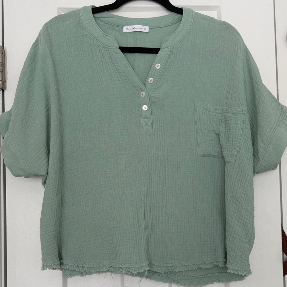 Ces Femme Seafoam Green Button Front Gauze Top